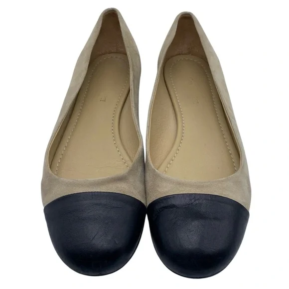 Garnet Hill Womens Shoes Leather Flats Sz 8 Tan Black Suede Cap Toe Italy Chic - Picture 3 of 11